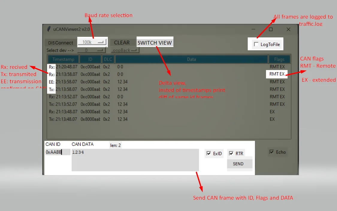 uCANViewer2 software showing CAN FD bus traffic