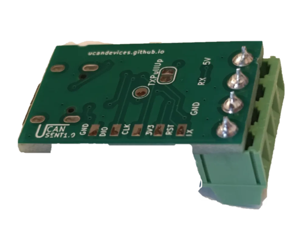 SENT (SAE J2716) USB converter - back of the PCB with SENT signal and ground pads