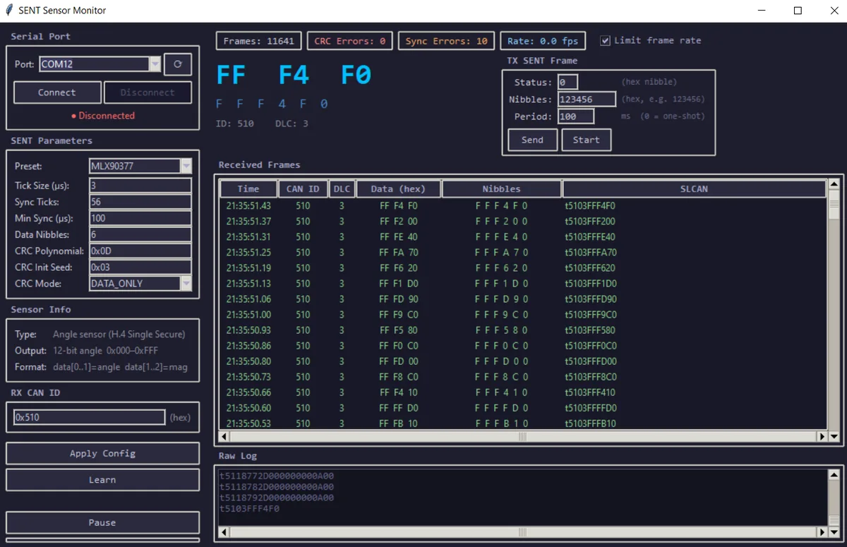 SENT Viewer 1.0 GUI showing live decoded SAE J2716 frames