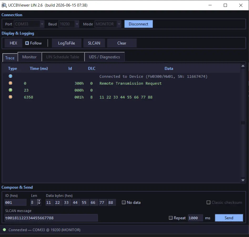UCCBViewer software showing LIN bus frames